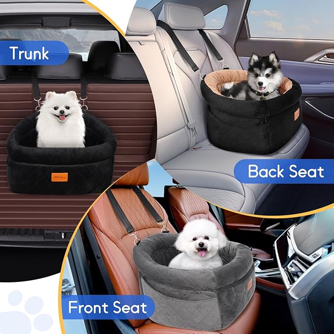 Cozy Dog Car Seat for Small Dogs Up to 30lbs, Elevated Memory Foam Booster Seat, Pet Travel Bed with Washable Removable Cover & Storage Pockets (Gray)