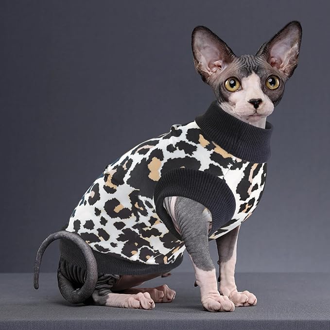 Idepet Cat Clothes Kitten Sweater Soft Kitten Shirt Cute Leopard Print Kitty Vest Pullover Pajamas Jumpsuit Cotton Apparel for Hairless Cats &Puppy (White,L)