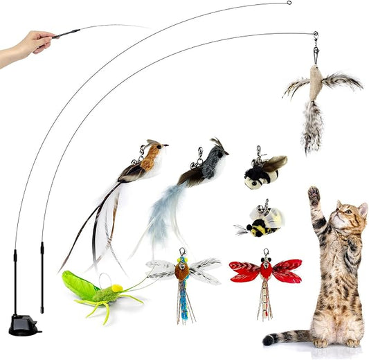 TTcat Cat Feather Toys Suction Cup,2 Cat Wands,8Pcs Birds and Insects Dragonfly Grasshopper Simulation Feather Refills with Bells, Interactive Toys for Indoor Cats and Kitten.