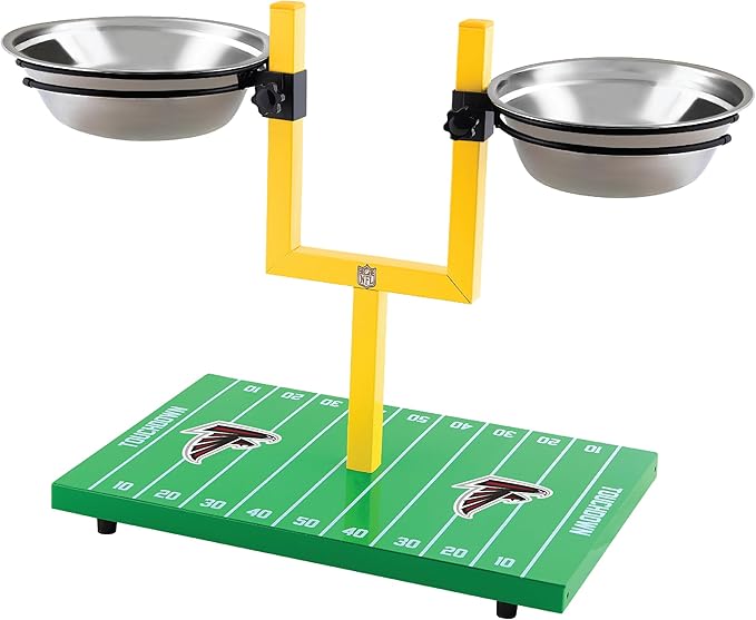 NFL Atlanta Falcons Goalpost Football Field Dog Feeder – Adjustable Elevated Dog Bowls with Stand, 2 Stainless Steel Bowls, Non-Slip Rubber Feet, Raised Pet Feeder for Large & Small Dogs, Cats.