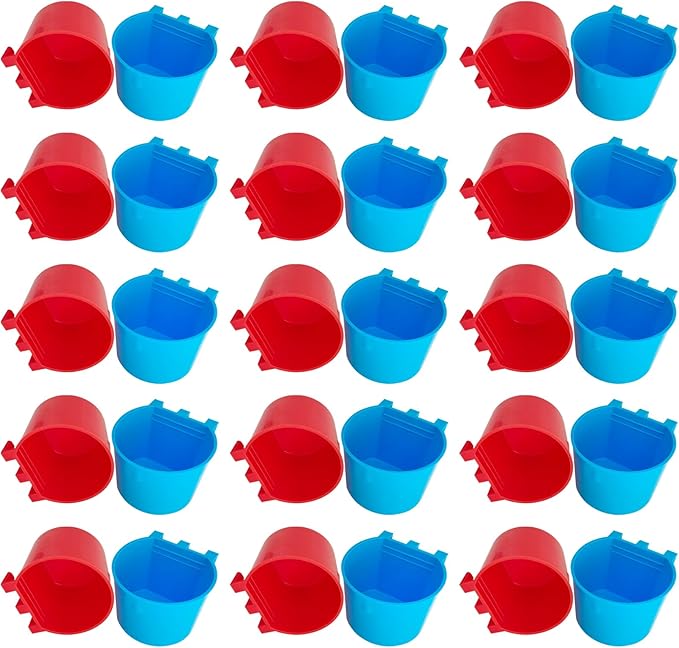 30 Pcs Cage Cups Birds Feeders Bowl Chicken Feeding Watering Dish Hanging Wire Cages Box Coop Cups for Pet Parrot Parakeet Gamefowl Poultry Pigeon and Quail（Blue and Red）