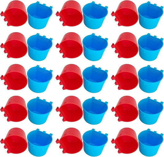 30 Pcs Cage Cups Birds Feeders Bowl Chicken Feeding Watering Dish Hanging Wire Cages Box Coop Cups for Pet Parrot Parakeet Gamefowl Poultry Pigeon and Quail（Blue and Red）