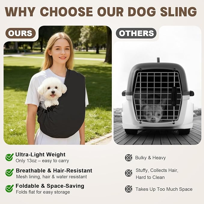 Dog Carrier Sling for Small Dogs Cats – Hands Free Pet Sling Carrier with Mesh Lining Pocket & Safety Hook, Adjustable Cat Dog Front Carrier for Travel, Daily Walk, Outdoor Black S