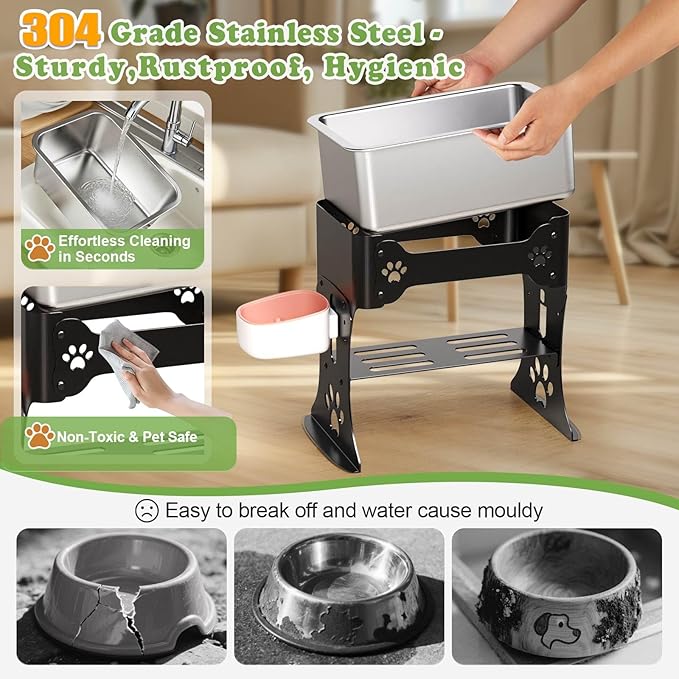 3 Gallon Elevated Large Dog Water Bowl, 3 Height Adjustable Stainless Steel Raised Dog Water Bowl Stand for Large Breed, Metal Pet Bowl Stand for Relief Joint Pressure, Easy Clean (Black)