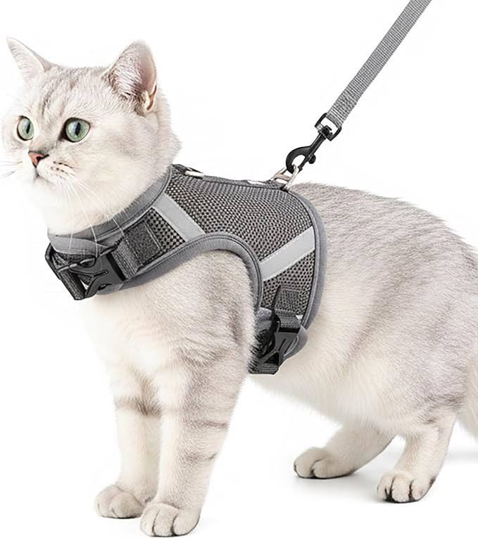 Cat Harness and Leash Escape Proof Kitten Harness Cat Leash for Walking Travel Service Cat Vest, Grey, XX-Large