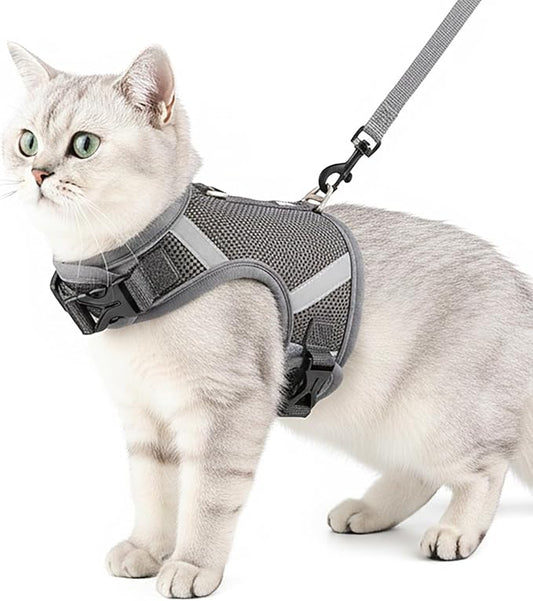 Cat Harness and Leash Escape Proof Kitten Harness Cat Leash for Walking Travel Service Cat Vest, Grey, Large