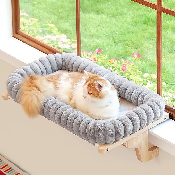 Cat Perch for Window Sill with 4-Sided Bolster - Orthopedic Cat Window Hammock - Solid Hardwood & Metal Frame - Window Seat for Pets (Natural Color Wood w/Gray Bed, Medium)