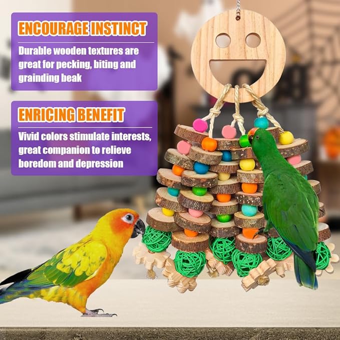 Large Parrot Toys, Multi-Color Wooden Block with Halloween Shape Bird Chewing Toy for Macaws, Cockatoos, African Grey and Large Medium Parrot Birds