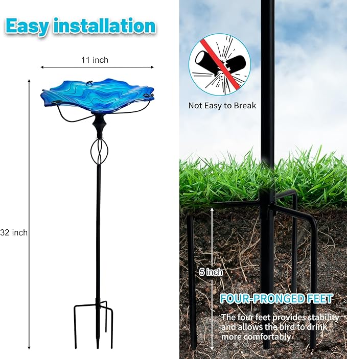 HONGLAND 32 Inch Height Bird Baths for Outdoors, Glass Birdbaths Outdoor Birdfeeder with Metal Stake Garden Yard (Blue)