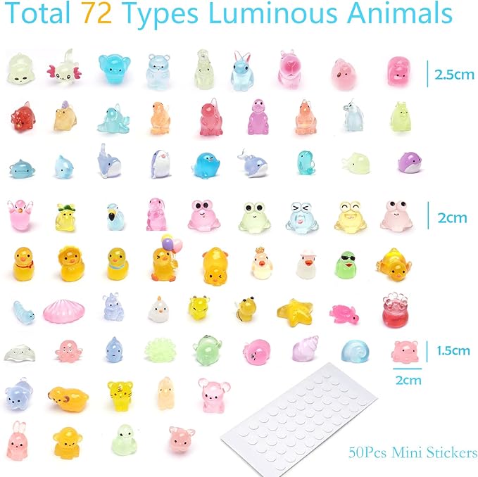 72 Types Luminous Mini Resin Animals, Plastic Tiny Resin Animals to Hide Prank,Mini Animals Figures for Fairy Garden, Dollhouse,Terrariums, Potted,Cake Topper, Miniature Landscape Ornament