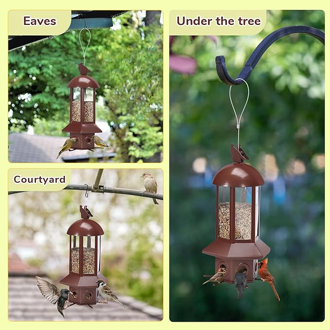 Professional Squirrel Proof Bird Feeders - Sorflife Large Capacity 5.06 lbs, Reliable and Rust Resistant Metal Bird Feeding Station for Prevents Squirrels from Stealing Food and Easy Refilling Brown