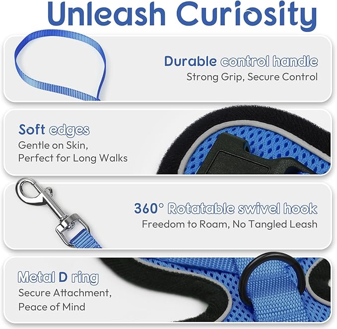 Dooradar Cat Harness and Leash Set, Escape Proof Safe Adjustable Kitten Vest Harnesses for Walking, Easy Control Soft Breathable Mesh Jacket with Reflective Strips for Cats, Blue, XXS