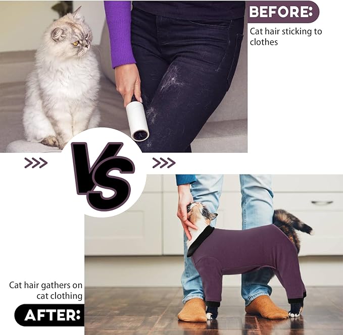 QBLEEV Cat Pajamas for Cats Only, Sticky Hair Cat Clothes, Cat Onesie for Cats After Surgery Female Male, Surgical Cat Recovery Suit Full Bodysuit, Long Sleeve Cat Shirts Outfits to Prevent Licking