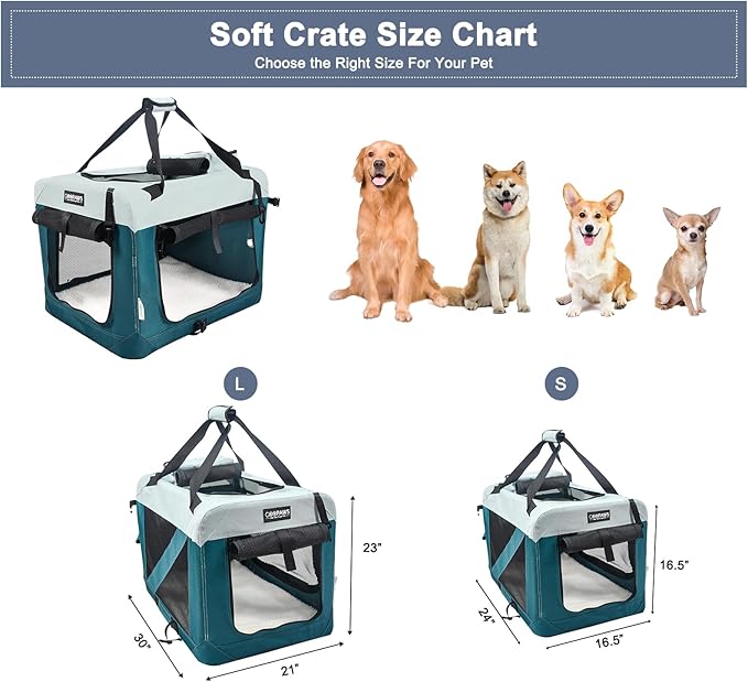 JESPET Soft Dog Crates Kennel for Pets, 3 Door Soft Sided Folding Travel Pet Carrier with Straps and Fleece Mat for Dogs, Cats, Shale Green, 36'' (8-Teal Blue, Small(24" L x 16.5" W x 16.5" H))
