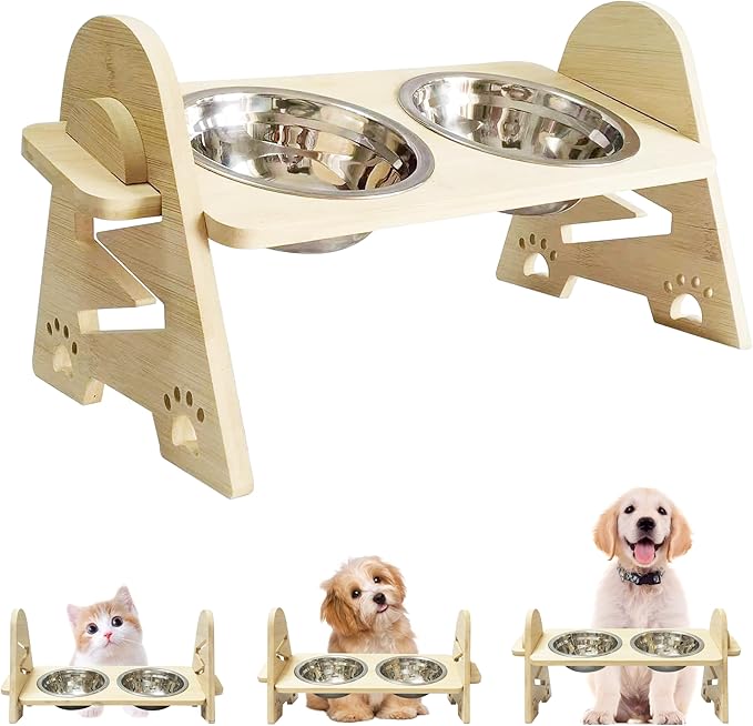 Elevated Adjustable Raised Dog Bowls with Stand for Small Size Dogs and Cats, Sturdy Bamboo Dog Feeder with 2 Stainless Steel Bowls (Stainless Steel, for Cats & Dogs)
