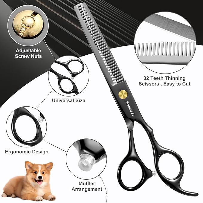 Professional Dog Grooming Scissors Set - 6.5" Thinning, 7" Straight, 7" Up-Curved, 7" Down-curved Scissors and Comb for Dog Cat Pet (Black)