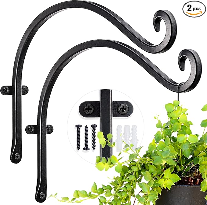 AJART Hanging Plant Hanger Outdoor: 12-Inch Bird Feeder Wall Hooks - Black Metal Plant Bracket Hook for Hanging Flower Baskets