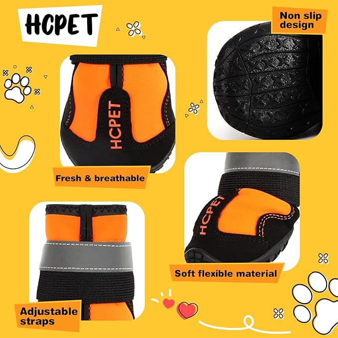 Hcpet Dog Shoes, Dog Boots for Small Dogs, Waterproof Medium Dog Booties Paw Protector for Summer Hot Pavement, Winter Snowy Day, Outdoor Walking, Indoor Hardfloors Anti Slip Sole Orange Size 4