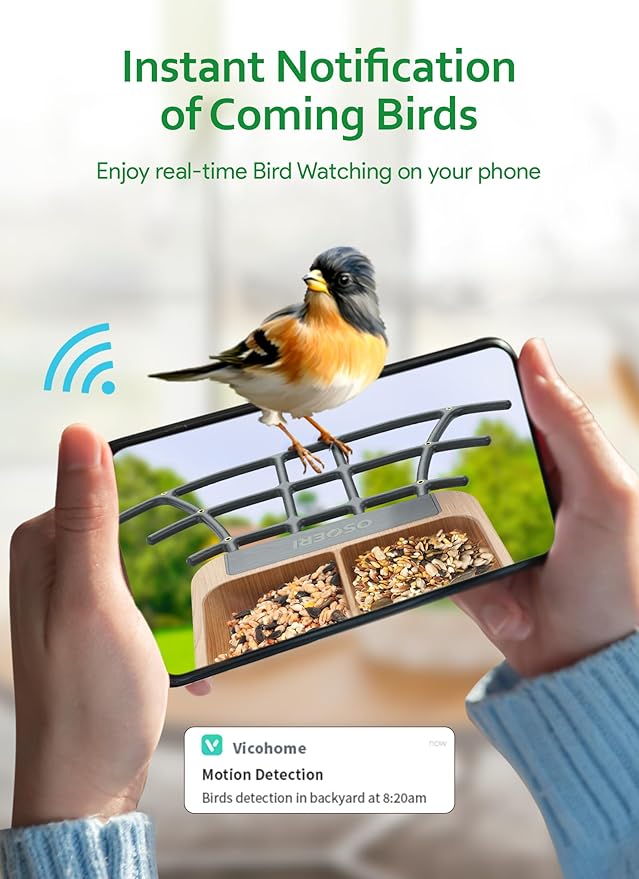 Osoeri Smart Bird Feeder with Camera, 1080P HD AI Identify & Capture Bird Videos, Auto Motion Detection, DIY Add-ons & Hummingbird Feeder, Wood Color-2 Bins
