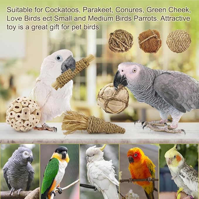 7Pcs Bird Toy Large Chewing Balls - Natural Soft Chew Shredding & Foraging Toy for Cockatiel Conure Quaker Parrot Budgie Parakeet Rabbit Bunny Guinea Pig Chinchilla