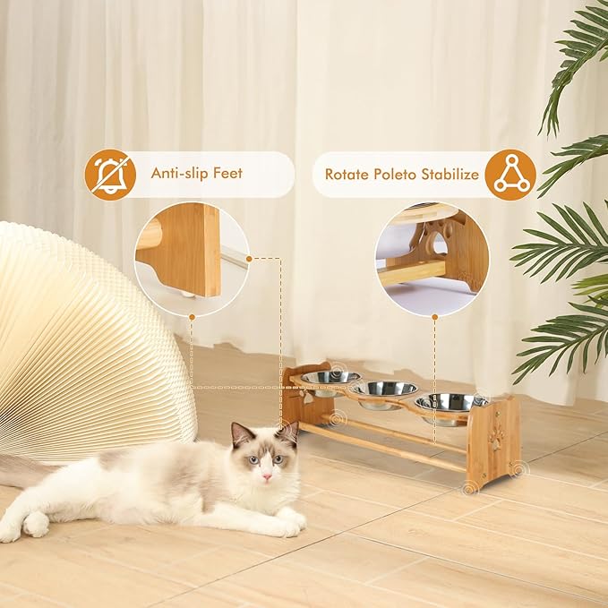 X-ZONE PET Elevated Dog Bowls for Cats and Dogs, Adjustable Bamboo Raised Bowls for Medium Dog, Food and Water Bowls Set Stand Feeder with 2 Stainless Steel Bowls Anti Slip Feet (Height 4.7" to 7")