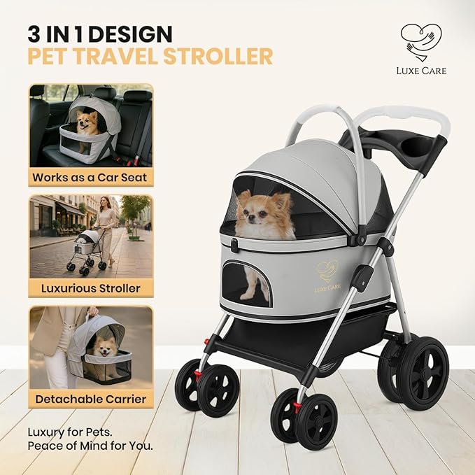 Luxe Haus 4 Wheel Foldable Pet Stroller - Lightweight Dogs and Cats Stroller Upto 50lbs with Mesh Canopy, Storage Basket and Cup Holder, Durable for Walks and Outings (Medium)