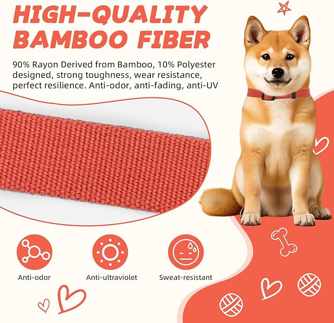 Orange Dog Collar and Leash Set for Large Dog, Breathable, Anti-Odor & Soft, Comfortable for Sensitive Skin Puppies, 90% Bamboo Rayon, Adjustable Quick-Release Buckle Pet Collar for Large Breeds