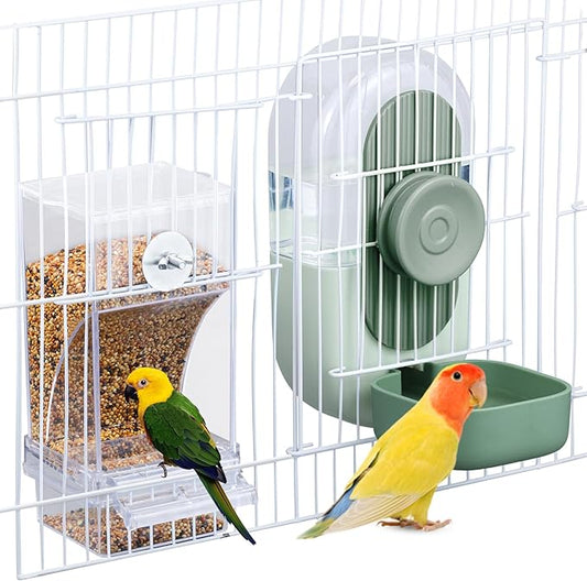No Mess Bird Feeder & Water Dispenser Set - Automatic Feeding & Hydration, Parakeet Cage Accessories for Parrots, Cockatiels, Finches, Lovebirds & Budgies