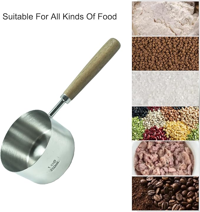 1 Cup Stainless Steel Dog Cat Food Measuring Scoop for Dry and Wet Food, Accurate Measurement for Rice, Flour, Grain (Long Handle Silver)