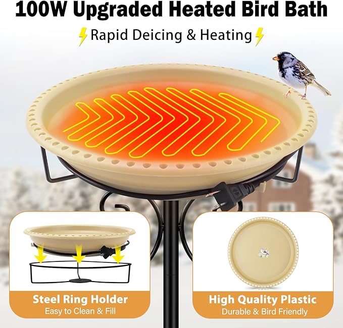 Daoeny Heated Bird Bath for Winter, Upgraded 100W Heated Bird Baths for Outdoors Thermostat Control with 5-Prong Metal Base, Heated Bird Bath for Outside Winter Garden Patio Yard Lawn (Khaki)