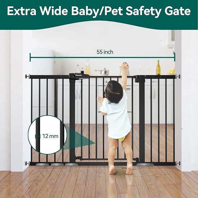 BABELIO Extra Wide Baby/Dog Gate, 29-55" Auto Clos for The House and Doorway, Safety Pressure Mounted Pet Door, NO Need Tools and Drilling, Black