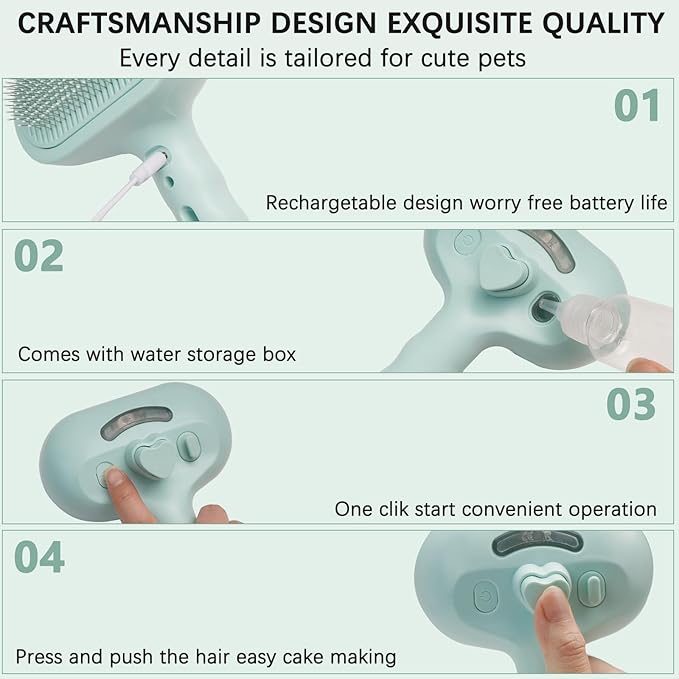 Pet Steam Brush for Cats and Dogs, 3 In 1 Steamy Cat Brush with Release Button and Tank, Anti-Static Pet Spray Hair Removal Comb, Rechargeable Dog Steam Comb for Furry (Blue)