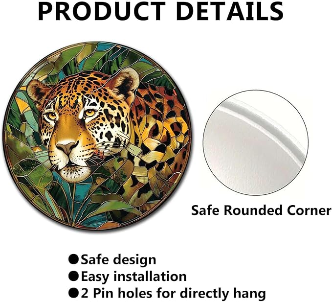 Lygond Metal Sign Tin Sign Circular Stained Glass Jaguar Minimalist Wall Art for Garage 12×12 Inches