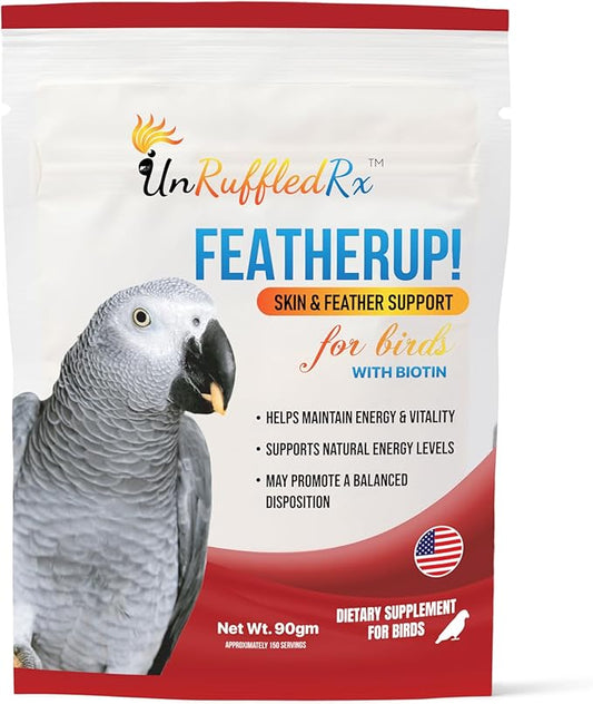 UnRuffledRx FeatherUp! Bird Vitamins with Biotin for Beautiful Plumage – Calcium for Birds, Feather Growth Supplements for Parrots - 90 gm - 240 Servings