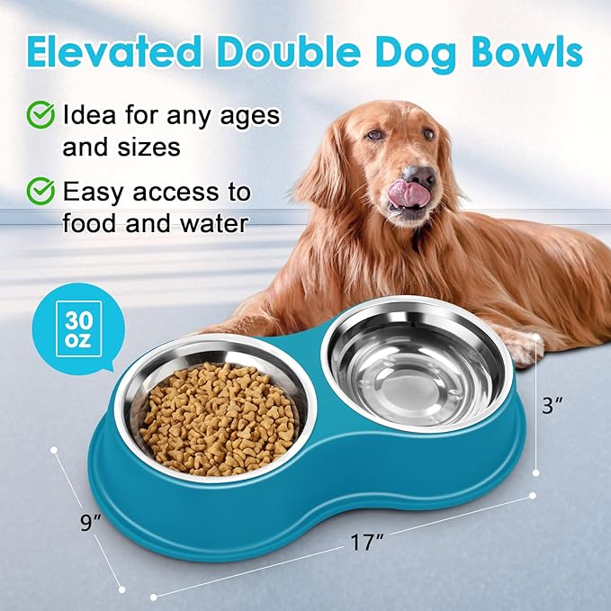 Dog Bowls Large Stainless Steel Dog Water and Food Bowls Set with No-Slip Base, Pet Feeder Bowls Raised Edges for No Spill, Dog Cat Dish for Small, Medium, and Large Pets