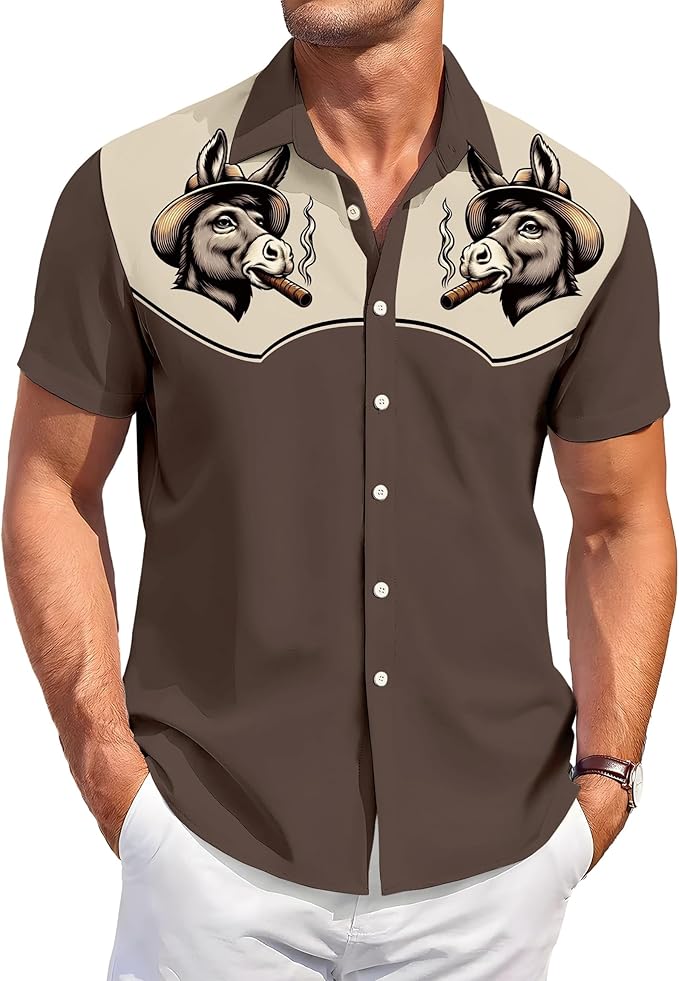 Men’s Hawaiian Shirt Western Cowboy Symmetrical Print Short Sleeve Button Down Casual Beach Holiday Summer Shirt