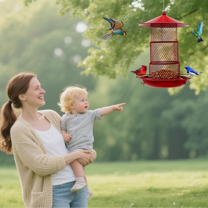 Bird Feeders for Outdoors, Hanging Metal Bird Feeder with 4.5LB Large Capacity, Red Wrought Iron Feeder,Sturdy & Weatherproof, Easy to Clean & Refill, Great for Attracting Wild Birds