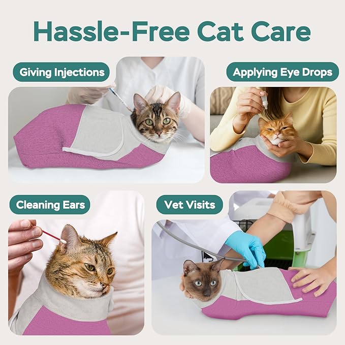 Self-Adhesive Cat Grooming Wrap, Cozy Cat Wrap for Cutting Nails, Breathable Anti-Scratch Cat Swaddle Bag for Brushing, Ear Cleaning, Dental Care, Medication, Injections, Pinkish Purple S