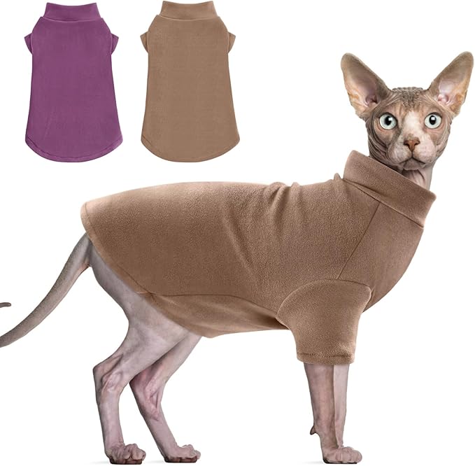 Idepet Sphynx Cats Sweater 2 Pack,Turtleneck Hairless Cat Shirt Soft and Warm Kitten Clothes with Sleeves Pullover Pet Winter Pajamas Jumpsuit for Cat Puppy (Purple&Brown, Medium)