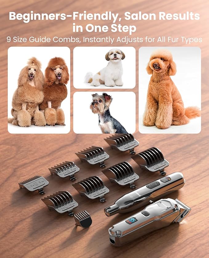 oneisall Dog Clippers for Grooming Thick/Heavy Coats, 4-in-1 Dog Grooming Kit Low Noise with Stainless Steel Blade, Cordless Dogs Paw Trimmer Pet Nail Grinder for Small & Large Dogs Cats Animals