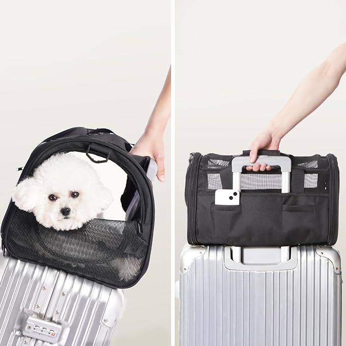 BurgeonNest Soft-Sided Dog Carrier Airplane Approved for Small Dogs Side-Expandable Pet Cat Carrier，Lightweight Puppy Purse 0-15 lbs, 17.7x11x11 Inchs Up to 16lbs, Black
