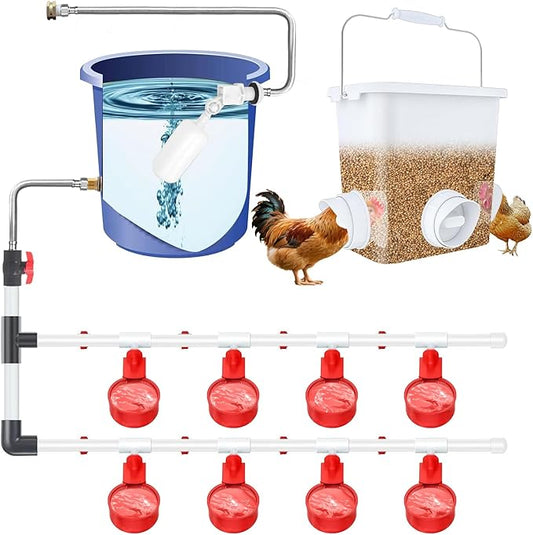 Complete Set Pipeline Automatic Chicken Waterer System(82Accessories Included) Chicken Feeder and Waterer Set,Poultry Waterer,with PVC Pipeline,Garden Hose and Hole Openers