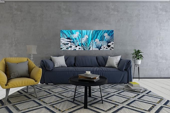 SYGALLERIER Jelly Fish Large Metal Wall Art Hand Grind Aluminum Artwork 3D Undersea World Coastal Pictures Nautical Decor for Living Room Bedroom