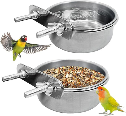 PINVNBY 2PCS Stainless Steel Bird Bowl Parrot Food Water Bowls with Clamp Holder Bird Feeder Dish Cups Crate Bowls for Cockatiel Pigeons Conure Budgies African Greys (Double Screws Size: L)