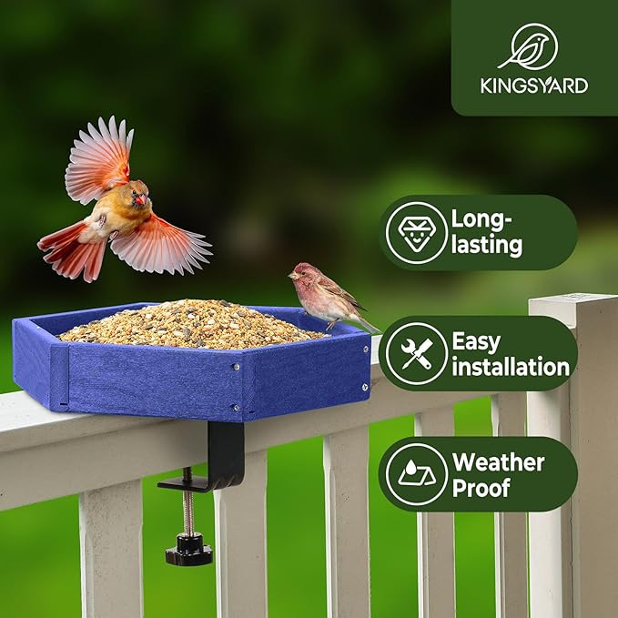 Kingsyard Clamp-On Deck Bird Feeder 11in Hexagon, Adjustable Balcony Railing Clamp 2.2in No-Drill, Recycled Plastic Seed Tray Metal Mesh Drainage Easy-Clean 3 lb,Blue