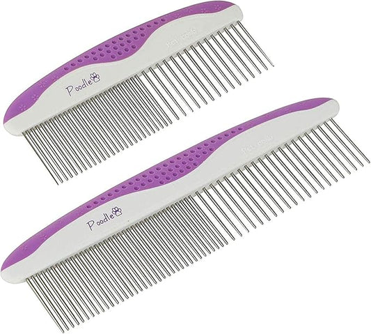 Poodle Pet Dog Combs for Grooming | 2 Pack | Stainless Steel Teeth Easily Remove Dirt | Proper Care Prevents Knots and Mats for Long and Short Haired Pets | Anti-Slip Comfort Grip Handle (Purple)