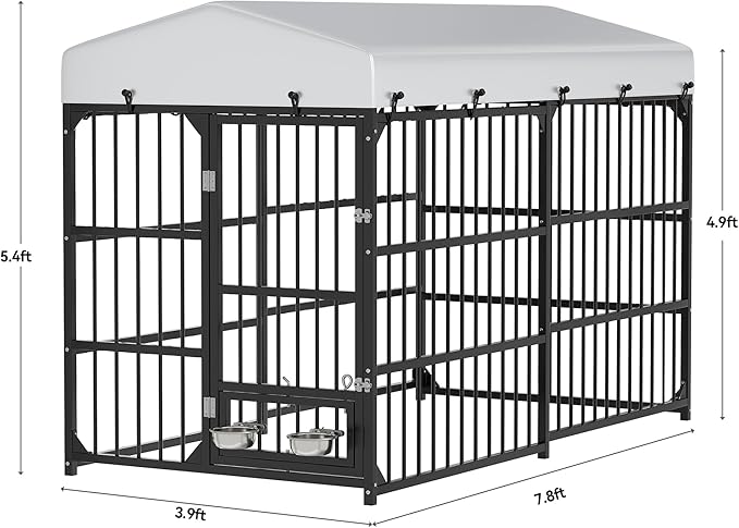 YITAHOME Large Outdoor Dog Kennel with Rotating Feeder Bowls, 8'L x 4'W x 5.4'H Dog Pens Outside with Roof, Heavy Duty Dog Cage for Medium Large Dogs