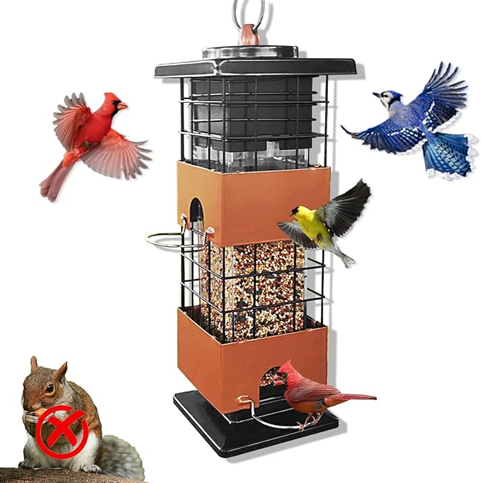 Squirrel Proof Bird Feeders, Metal Bird Feeder for Outdoors, 3 Lbs Birdfeeder Outside Hanging, Weight Activated Spring, 4 Feeding Ports, Finches, Cardinals, Wild Birds, Brown