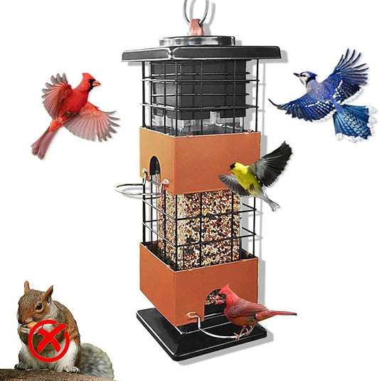 Squirrel Proof Bird Feeders, Metal Bird Feeder for Outdoors, 3 Lbs Birdfeeder Outside Hanging, Weight Activated Spring, 4 Feeding Ports, Finches, Cardinals, Wild Birds, Brown