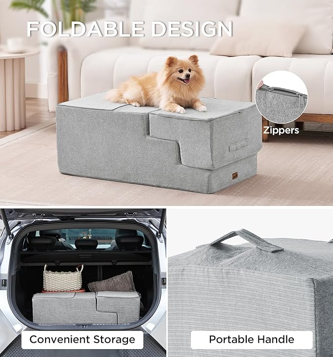 Made4Pets Dog Steps for Bed, Extra Wide Dog Stairs for High Bed Couch Sofa, 35D Foam Pet Steps for Small Dogs and Cats, Non-Slip Bottom Pet Stairs, Light Grey, 4 Steps